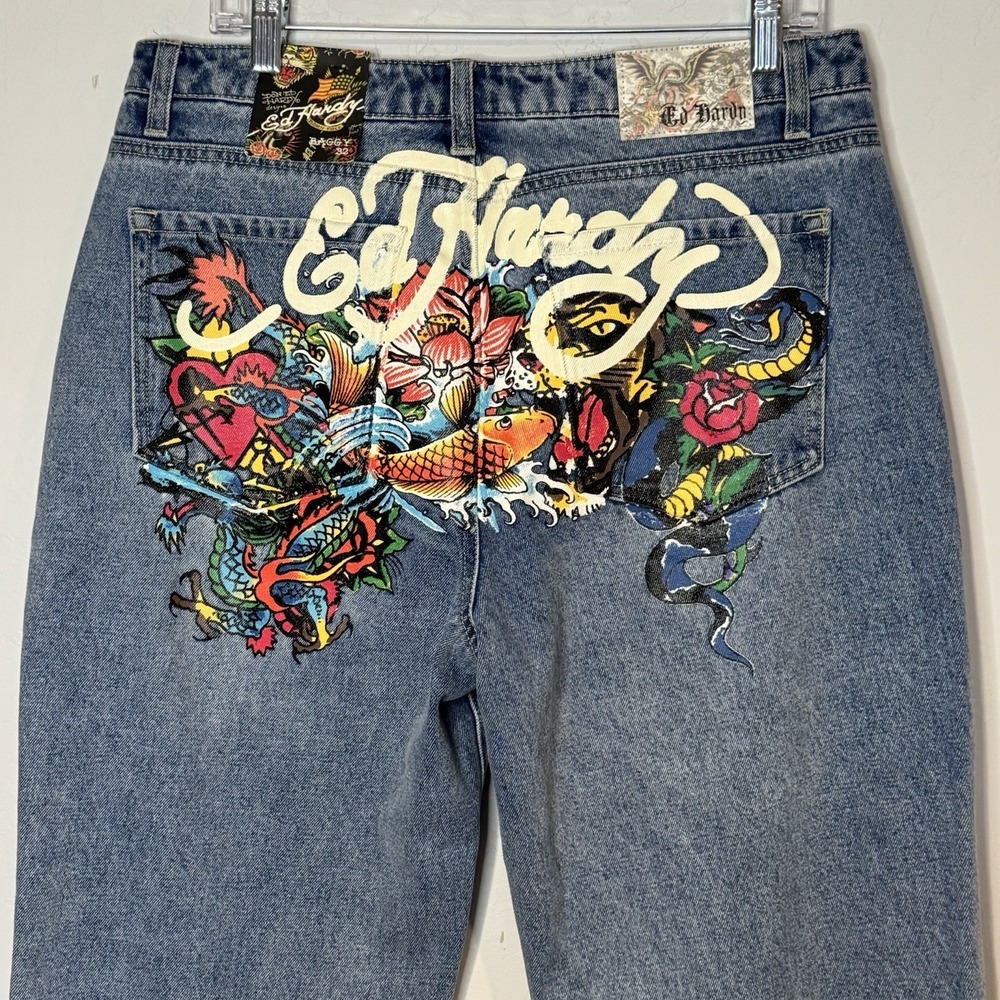 Ed Hardy Heart Dragon Tiger Rose Koi Fish Water Snake Baggy Jeans Size 32x32 NWT